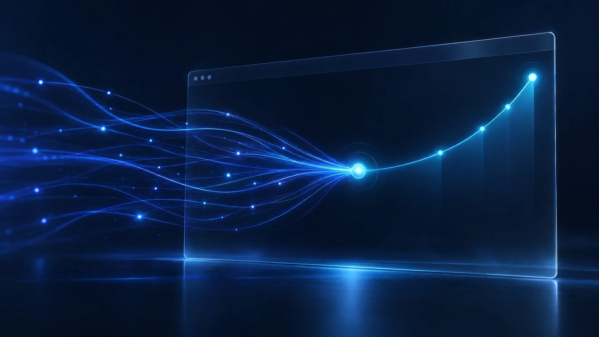 Luminous visitor paths converge through a website into an ascending conversion path.